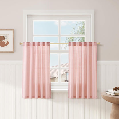 Pink Linen Cafe Kitchen Short Curtains 24 Inch Length 2 Panels Semi Sheer Linen Rustic Curtain Light Filtering Valances with Back Tab Rod Pocket for Boho Small Windows Cafe Girl Bathroom 30Wx24L