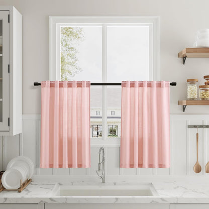Pink Linen Cafe Kitchen Short Curtains 24 Inch Length 2 Panels Semi Sheer Linen Rustic Curtain Light Filtering Valances with Back Tab Rod Pocket for Boho Small Windows Cafe Girl Bathroom 30Wx24L