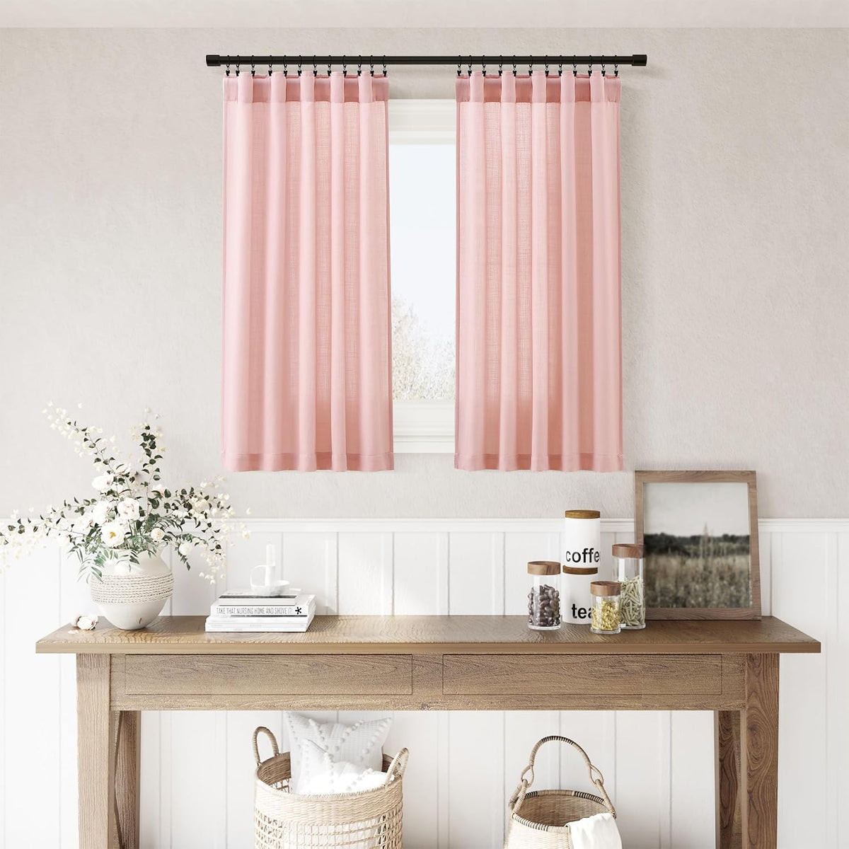 Pink Linen Cafe Kitchen Short Curtains 24 Inch Length 2 Panels Semi Sheer Linen Rustic Curtain Light Filtering Valances with Back Tab Rod Pocket for Boho Small Windows Cafe Girl Bathroom 30Wx24L