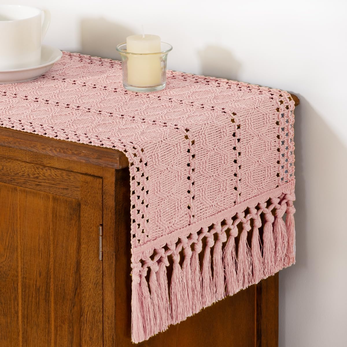 Pink Boho Macrame Farmhouse Woven Table Runner 36Inch