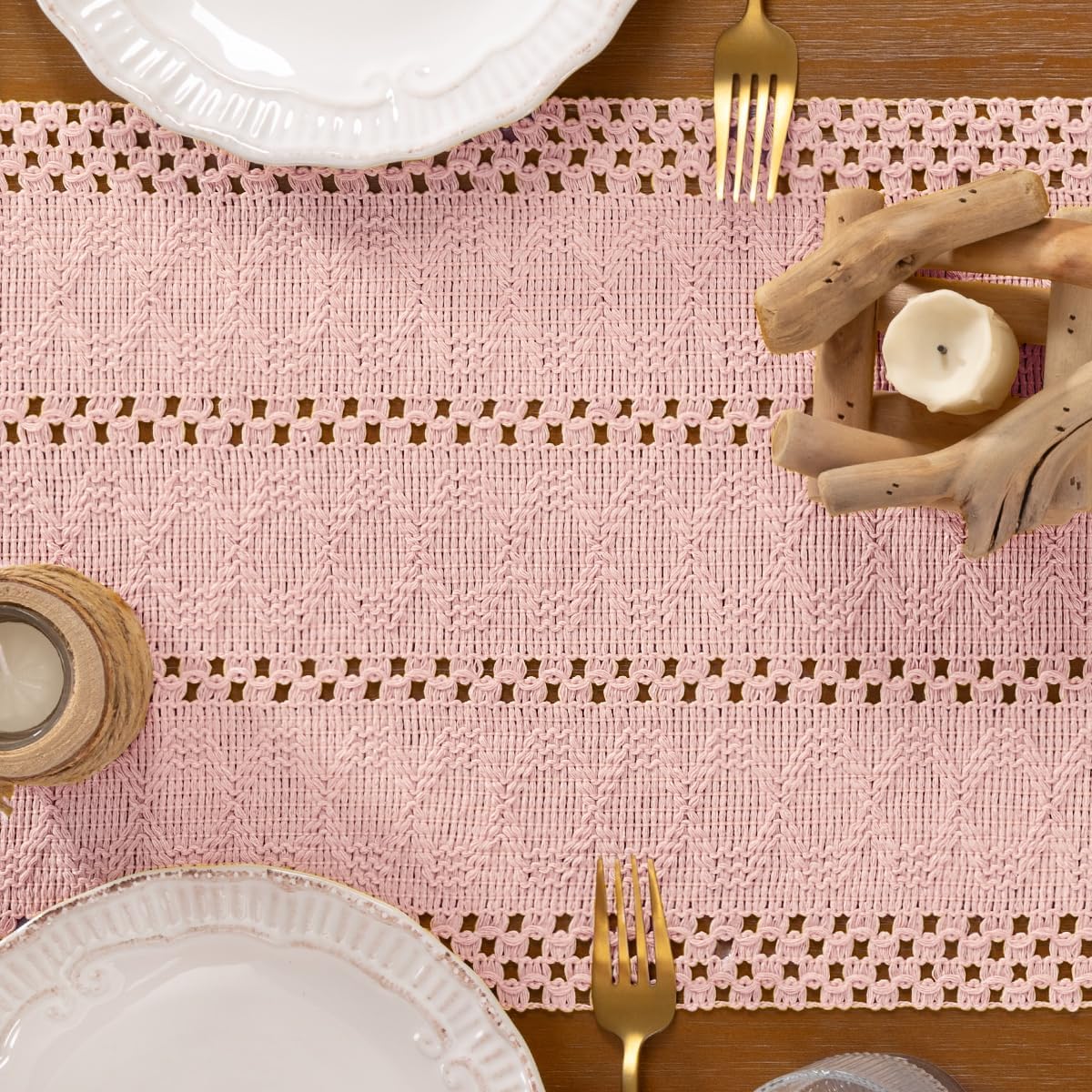 Pink Boho Macrame Farmhouse Woven Table Runner 36Inch