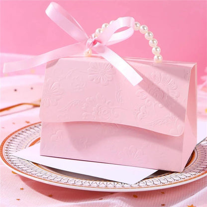 10Pcs Pink Pearl Paper Gift Boxes for Wedding Favors, Elegant Bridesmaid and Party Favor Boxes with Ribbon, Ideal for Bridal Shower, Baby Shower, and Special Occasions (Pink, L)