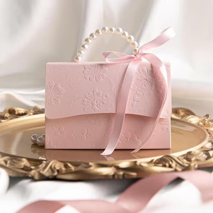 10Pcs Pink Pearl Paper Gift Boxes for Wedding Favors, Elegant Bridesmaid and Party Favor Boxes with Ribbon, Ideal for Bridal Shower, Baby Shower, and Special Occasions (Pink, L)