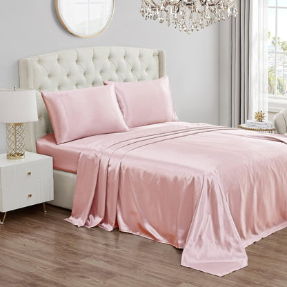 Full Size Silk Satin Bed Sheet Set, Deep Pocket Silky Full Sheet Set with 1 Fitted Sheet, 1 Flat Sheet and 2 Pillow Case, Wrinkle Resistant and Anti Pilling Bed Sheets - Pink