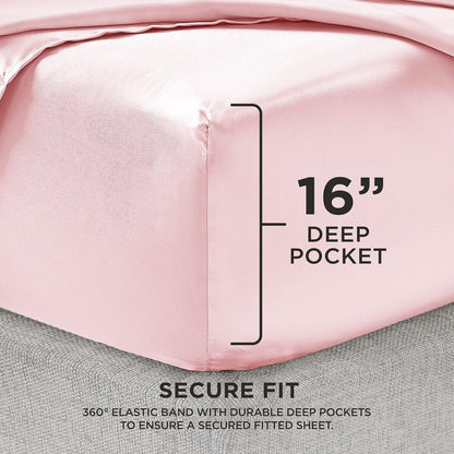 Full Size Silk Satin Bed Sheet Set, Deep Pocket Silky Full Sheet Set with 1 Fitted Sheet, 1 Flat Sheet and 2 Pillow Case, Wrinkle Resistant and Anti Pilling Bed Sheets - Pink