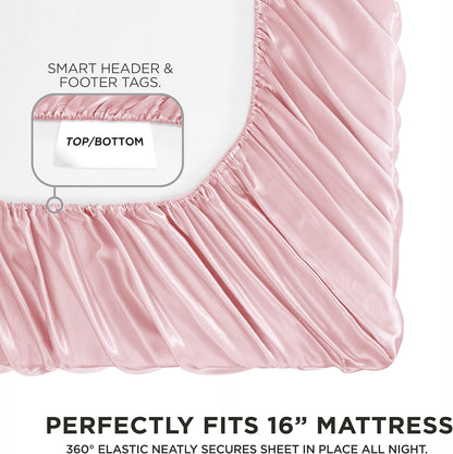 Full Size Silk Satin Bed Sheet Set, Deep Pocket Silky Full Sheet Set with 1 Fitted Sheet, 1 Flat Sheet and 2 Pillow Case, Wrinkle Resistant and Anti Pilling Bed Sheets - Pink