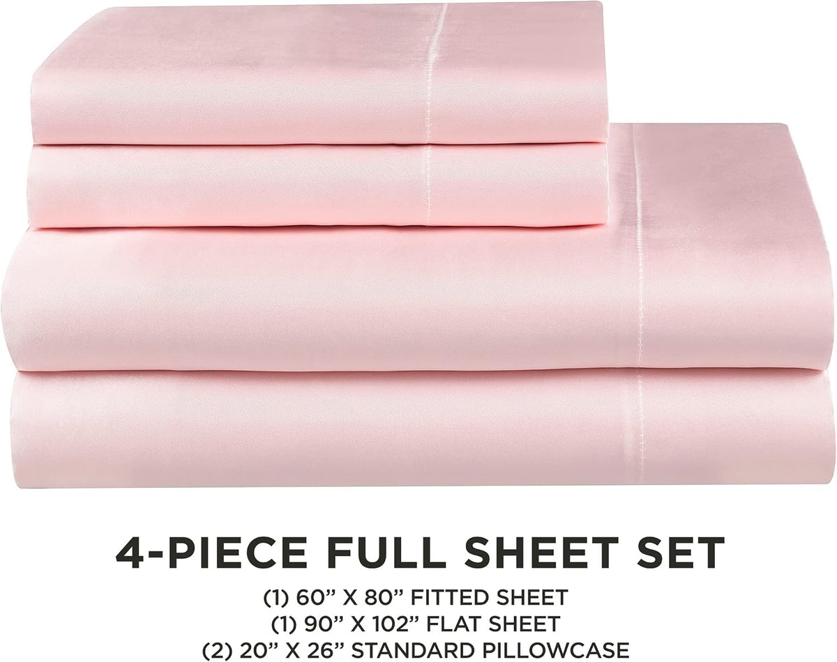 Full Size Silk Satin Bed Sheet Set, Deep Pocket Silky Full Sheet Set with 1 Fitted Sheet, 1 Flat Sheet and 2 Pillow Case, Wrinkle Resistant and Anti Pilling Bed Sheets - Pink