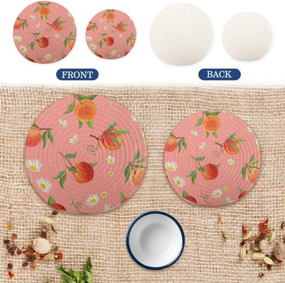 2 Pcs Peach Pattern with Daisy Round Cotton Trivets Pot Holders, Hot Pads Pure Cotton Stylish Coasters for Boho, Farmhouse, Kitchen Decor