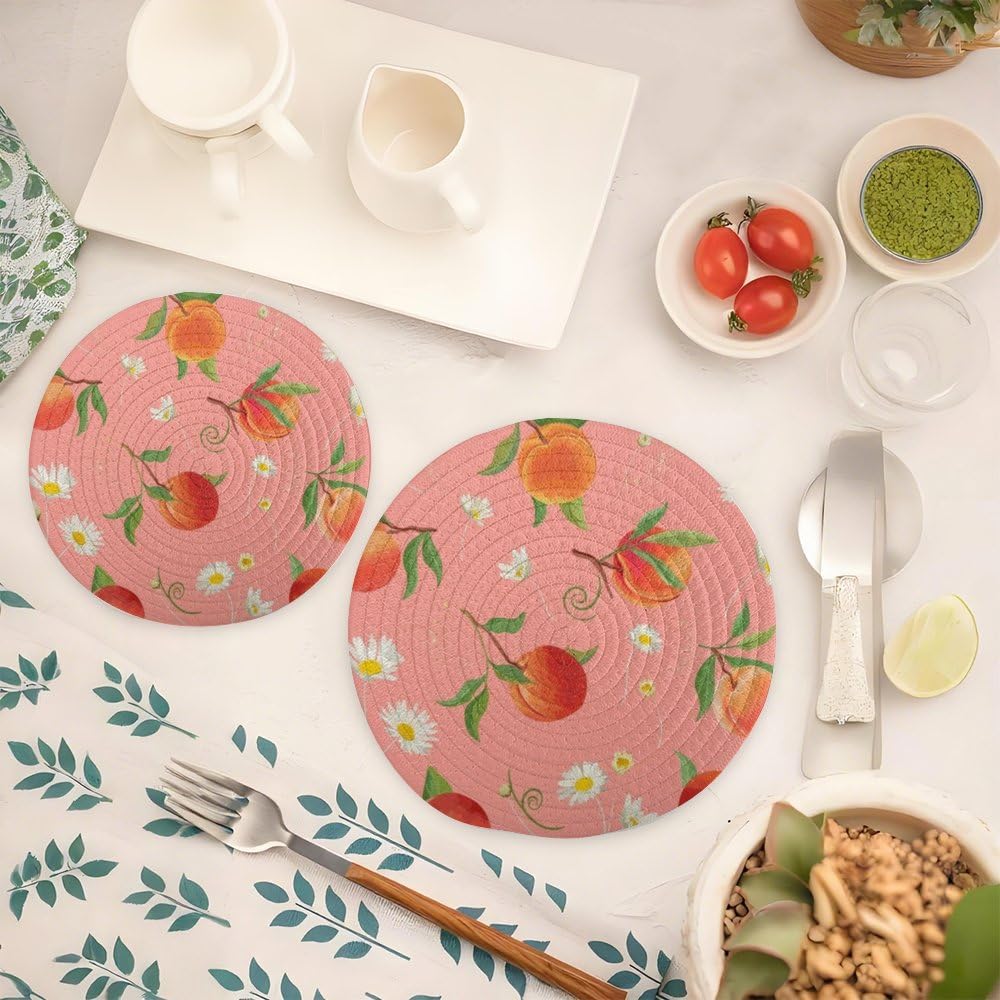 2 Pcs Peach Pattern with Daisy Round Cotton Trivets Pot Holders, Hot Pads Pure Cotton Stylish Coasters for Boho, Farmhouse, Kitchen Decor