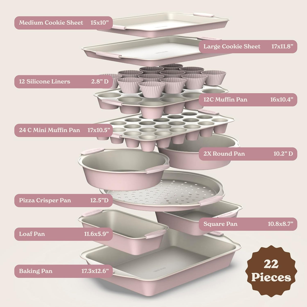 Nonstick Stackable Bakeware Set - Durable, Easy Release Baking Set- 22 Pc. Includes Silicone Muffin Cups