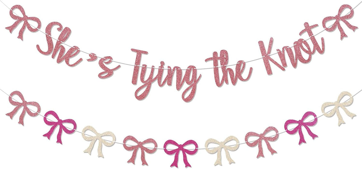 Coquette She's Tying The Knot Banner & Pink Bow Bunting Garland - Bow Bridal Shower Banner, Coquette Bridal Shower Engagement Wedding Party Decorations Rose Gold
