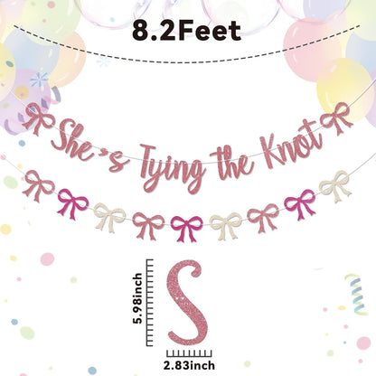 Coquette She's Tying The Knot Banner & Pink Bow Bunting Garland - Bow Bridal Shower Banner, Coquette Bridal Shower Engagement Wedding Party Decorations Rose Gold