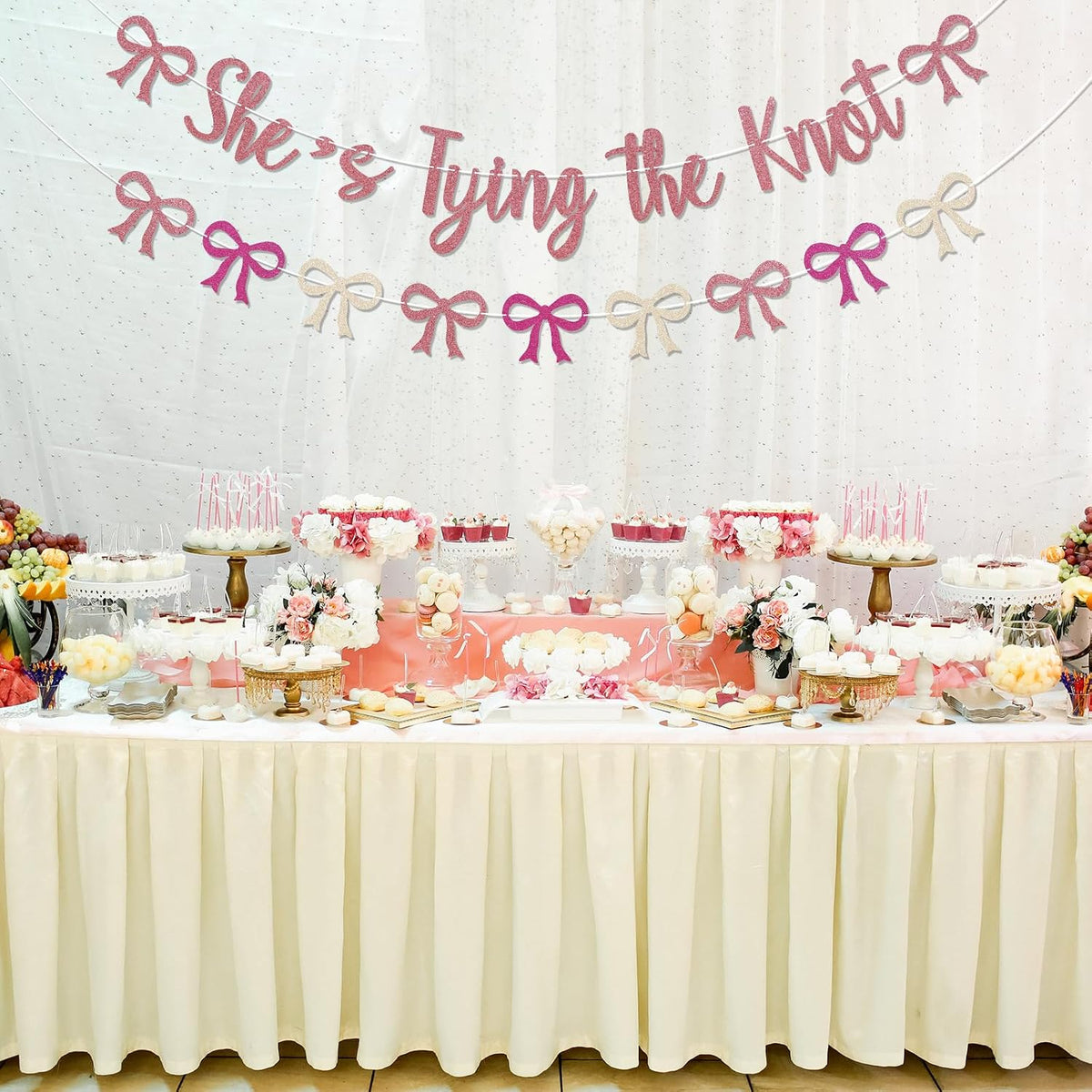 Coquette She's Tying The Knot Banner & Pink Bow Bunting Garland - Bow Bridal Shower Banner, Coquette Bridal Shower Engagement Wedding Party Decorations Rose Gold