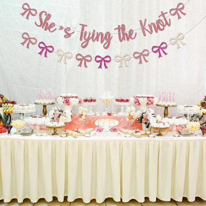Coquette She's Tying The Knot Banner & Pink Bow Bunting Garland - Bow Bridal Shower Banner, Coquette Bridal Shower Engagement Wedding Party Decorations Rose Gold