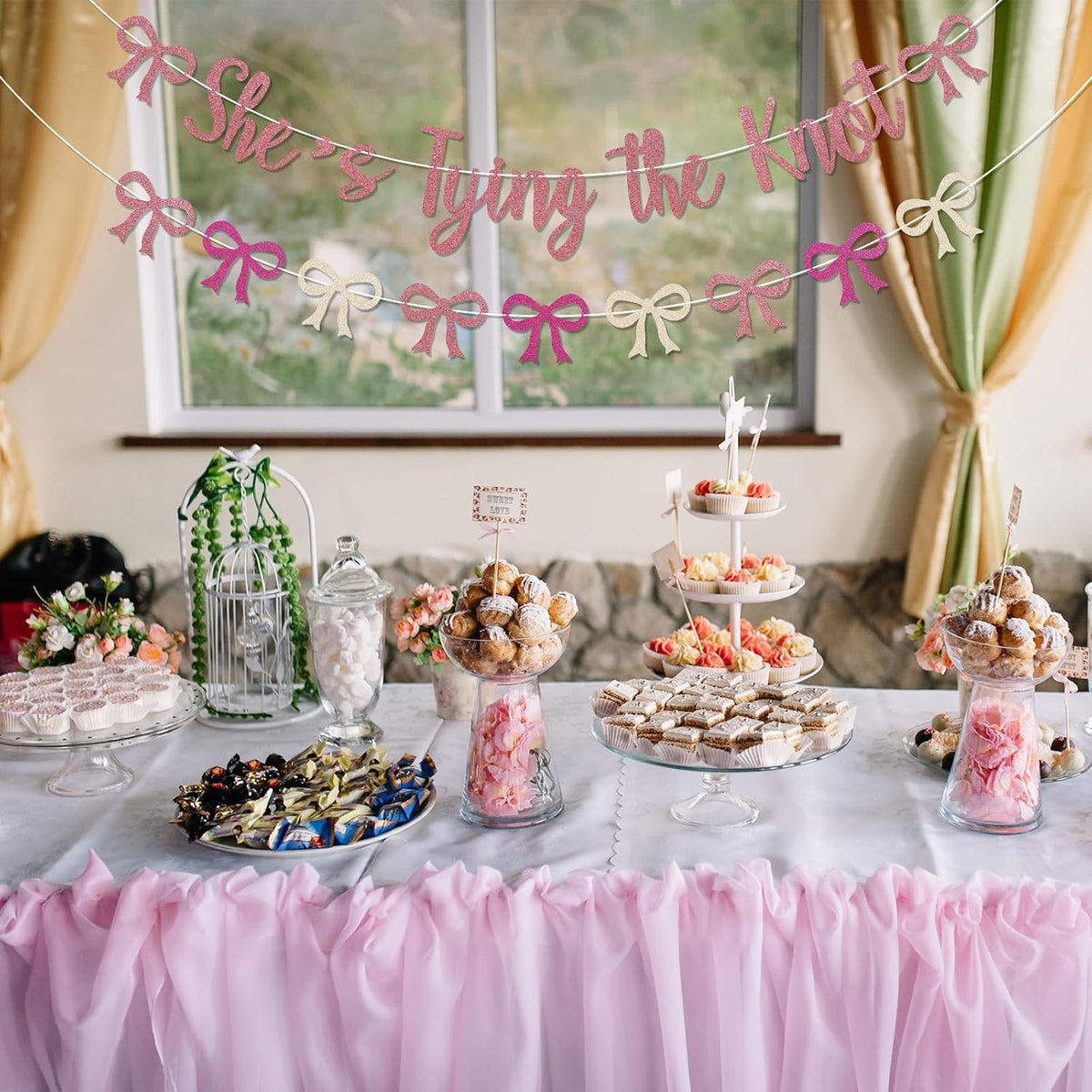 Coquette She's Tying The Knot Banner & Pink Bow Bunting Garland - Bow Bridal Shower Banner, Coquette Bridal Shower Engagement Wedding Party Decorations Rose Gold