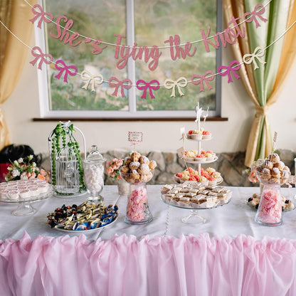 Coquette She's Tying The Knot Banner & Pink Bow Bunting Garland - Bow Bridal Shower Banner, Coquette Bridal Shower Engagement Wedding Party Decorations Rose Gold