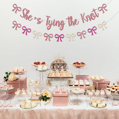 Coquette She's Tying The Knot Banner & Pink Bow Bunting Garland - Bow Bridal Shower Banner, Coquette Bridal Shower Engagement Wedding Party Decorations Rose Gold