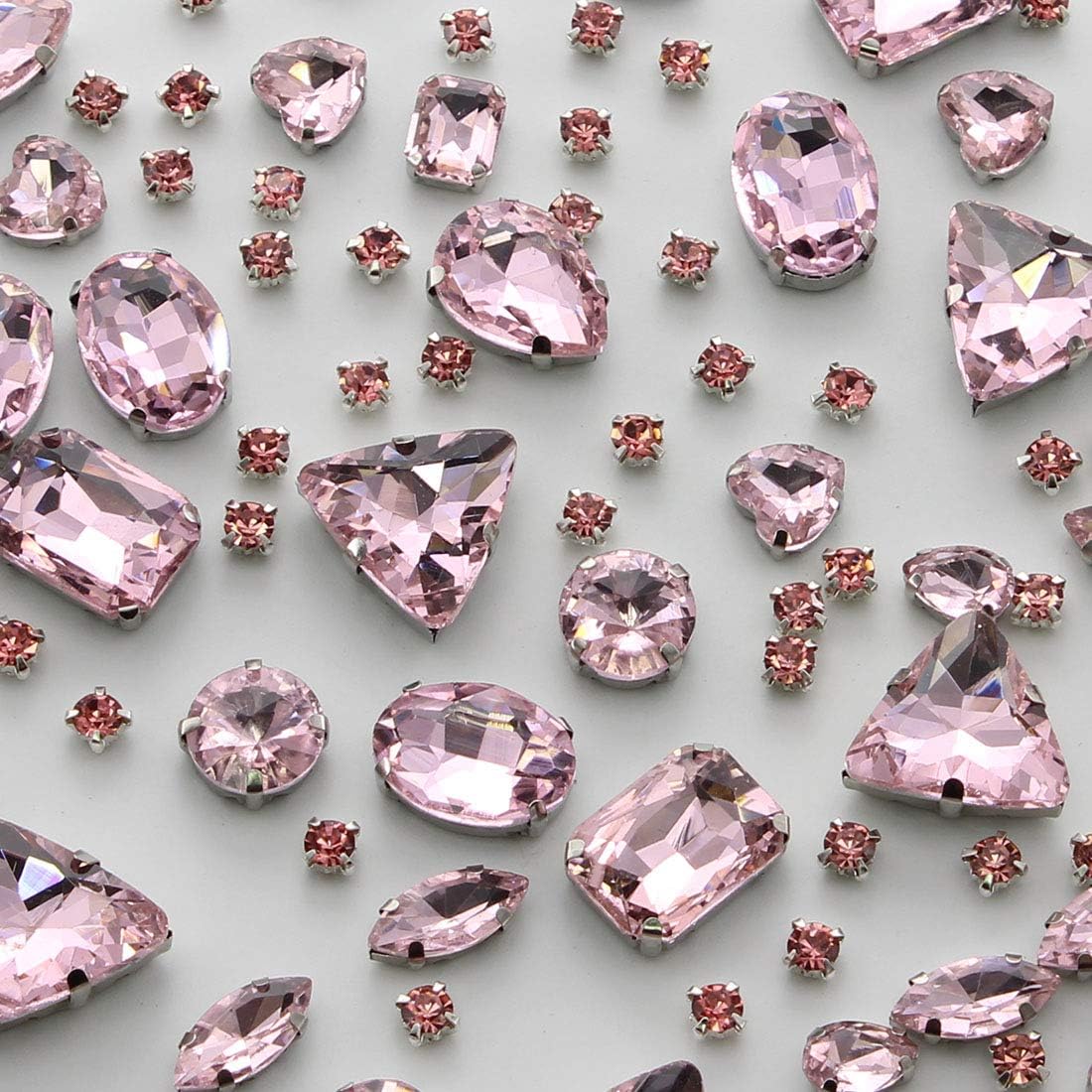 Sew on Rhinestones 100 PCS Mixed Shapes Glass Rhinestones Sew on Crystal Gems Mental Flatback with Silver Claw for Jewelry Crafts Clothes Shoes Costume Garment Light Pink