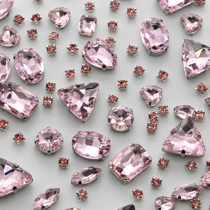 Sew on Rhinestones 100 PCS Mixed Shapes Glass Rhinestones Sew on Crystal Gems Mental Flatback with Silver Claw for Jewelry Crafts Clothes Shoes Costume Garment Light Pink