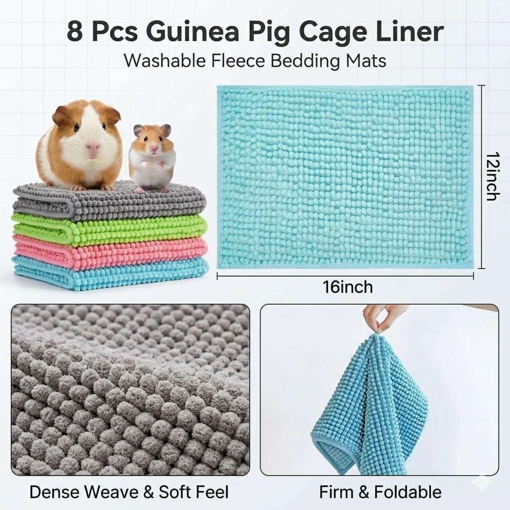 8 Pcs Guinea Pig Cage Liner, 16x12 Inch Washable Fleece Bedding Mats, Reusable Pee Pads for Small Animals, Rabbit Bunny Hamster Cage Accessories (Gray, Green, Pink, Blue)