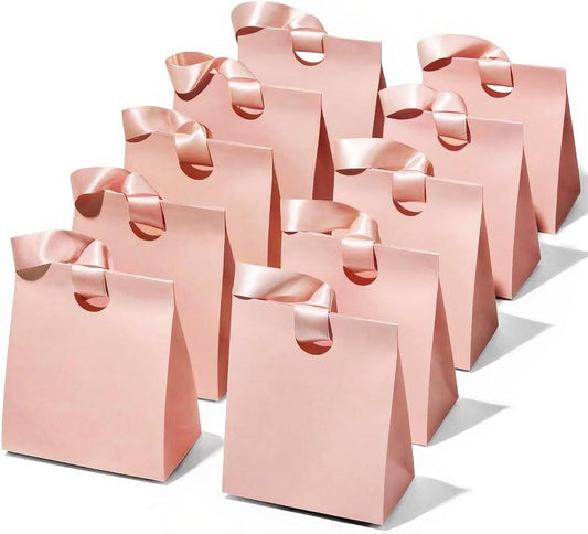 Paper Gift Bags With Ribbon Handles Set of 10 Pink Bulk Reusable For Gift Wrap Girls Kids Birthday Bridal Shower Party Favors Goodie Bags Candy Christmas 5.91"x3.54"x7.28" Small Size