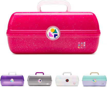On-The-Go Girl Makeup Box, Deep Pink Sparkle, Hard Plastic Makeup Organizer Box, Built-In Mirror, Secure Latch for Safe Travel, Spacious Storage for Large Items