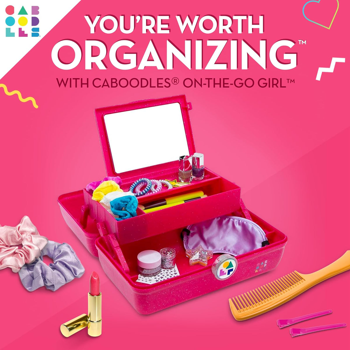 On-The-Go Girl Makeup Box, Deep Pink Sparkle, Hard Plastic Makeup Organizer Box, Built-In Mirror, Secure Latch for Safe Travel, Spacious Storage for Large Items