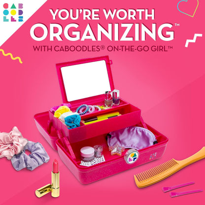 On-The-Go Girl Makeup Box, Deep Pink Sparkle, Hard Plastic Makeup Organizer Box, Built-In Mirror, Secure Latch for Safe Travel, Spacious Storage for Large Items
