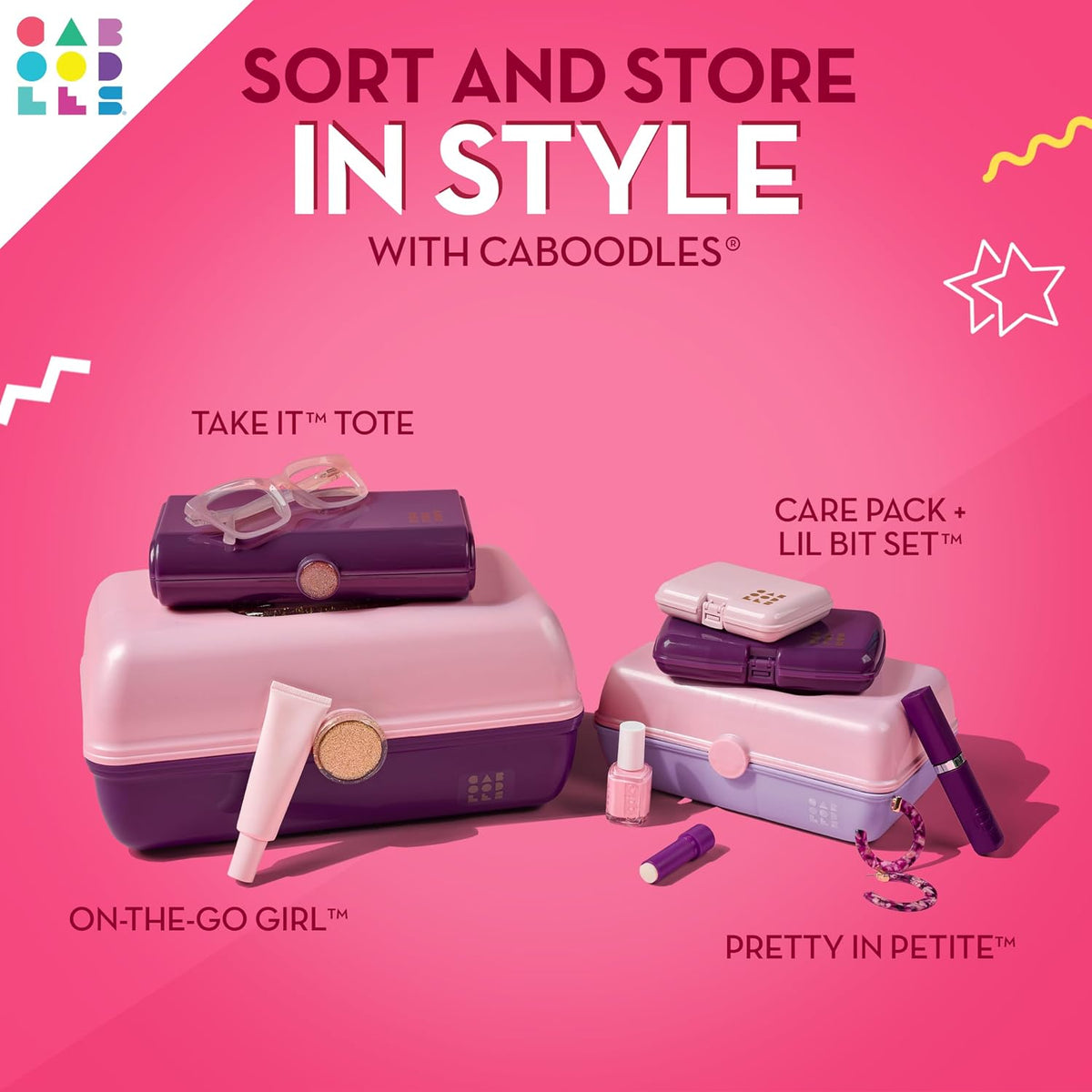 On-The-Go Girl Makeup Box, Deep Pink Sparkle, Hard Plastic Makeup Organizer Box, Built-In Mirror, Secure Latch for Safe Travel, Spacious Storage for Large Items