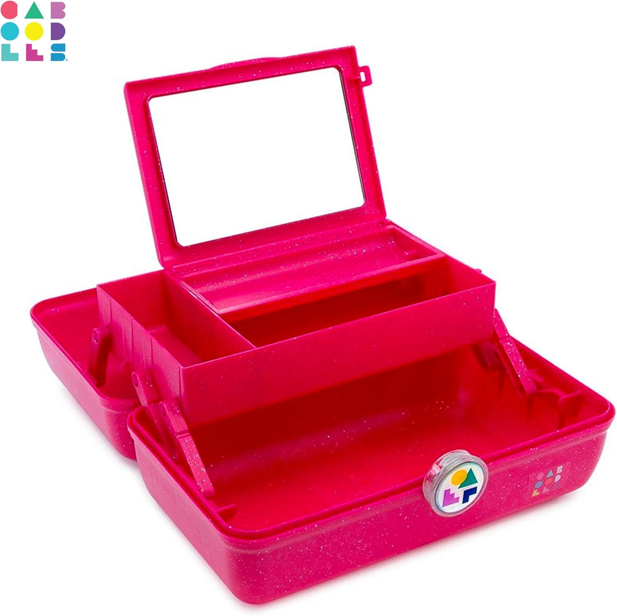 On-The-Go Girl Makeup Box, Deep Pink Sparkle, Hard Plastic Makeup Organizer Box, Built-In Mirror, Secure Latch for Safe Travel, Spacious Storage for Large Items