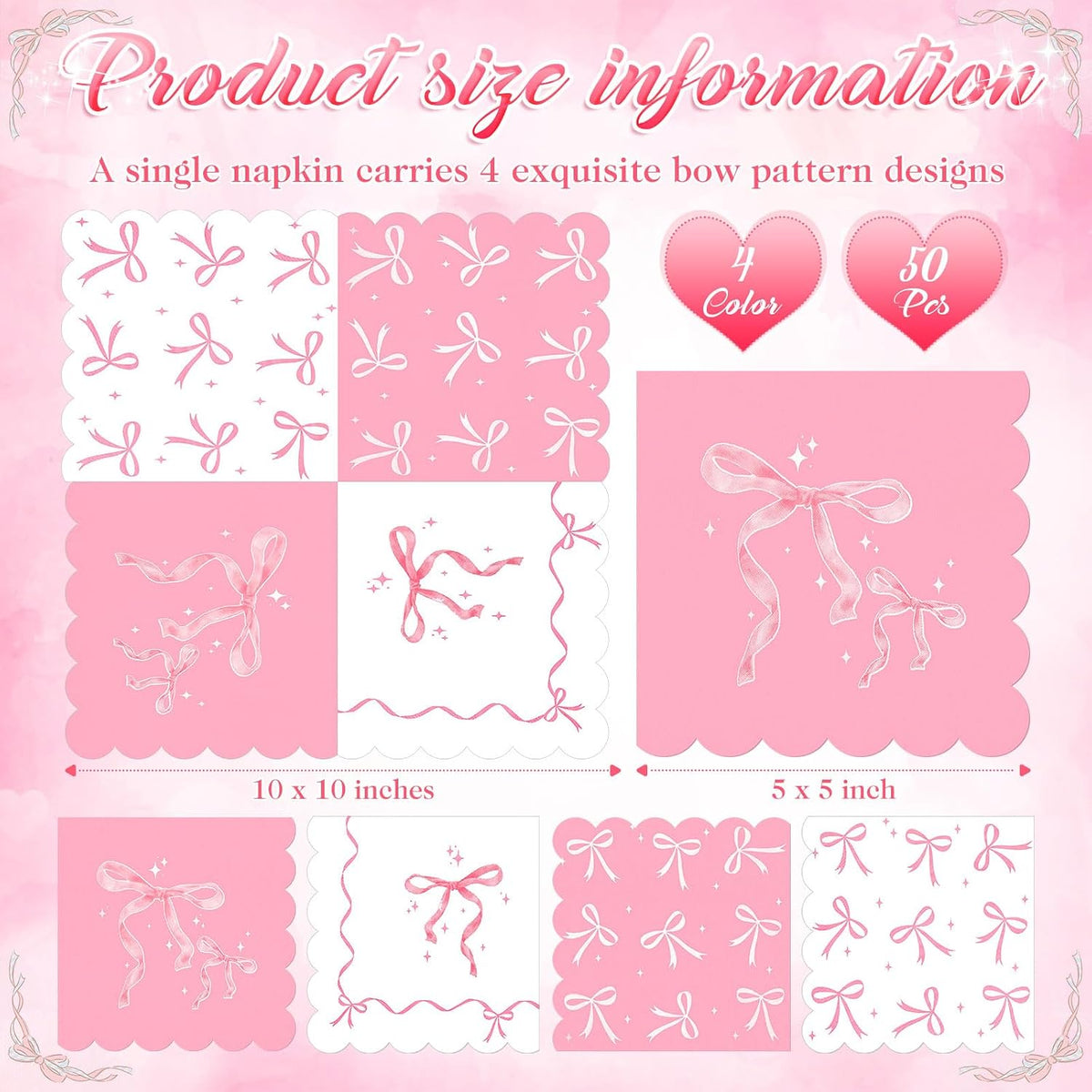 50 Pcs Bow Napkins Bachelorette Party Bow Theme Party Decorations Bridal Engagement Baby Shower Tableware Supplies Girls Birthday Paper Napkins Decor 5 x 5 Inches(Pink Bow)