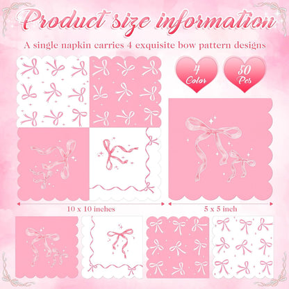 50 Pcs Bow Napkins Bachelorette Party Bow Theme Party Decorations Bridal Engagement Baby Shower Tableware Supplies Girls Birthday Paper Napkins Decor 5 x 5 Inches(Pink Bow)