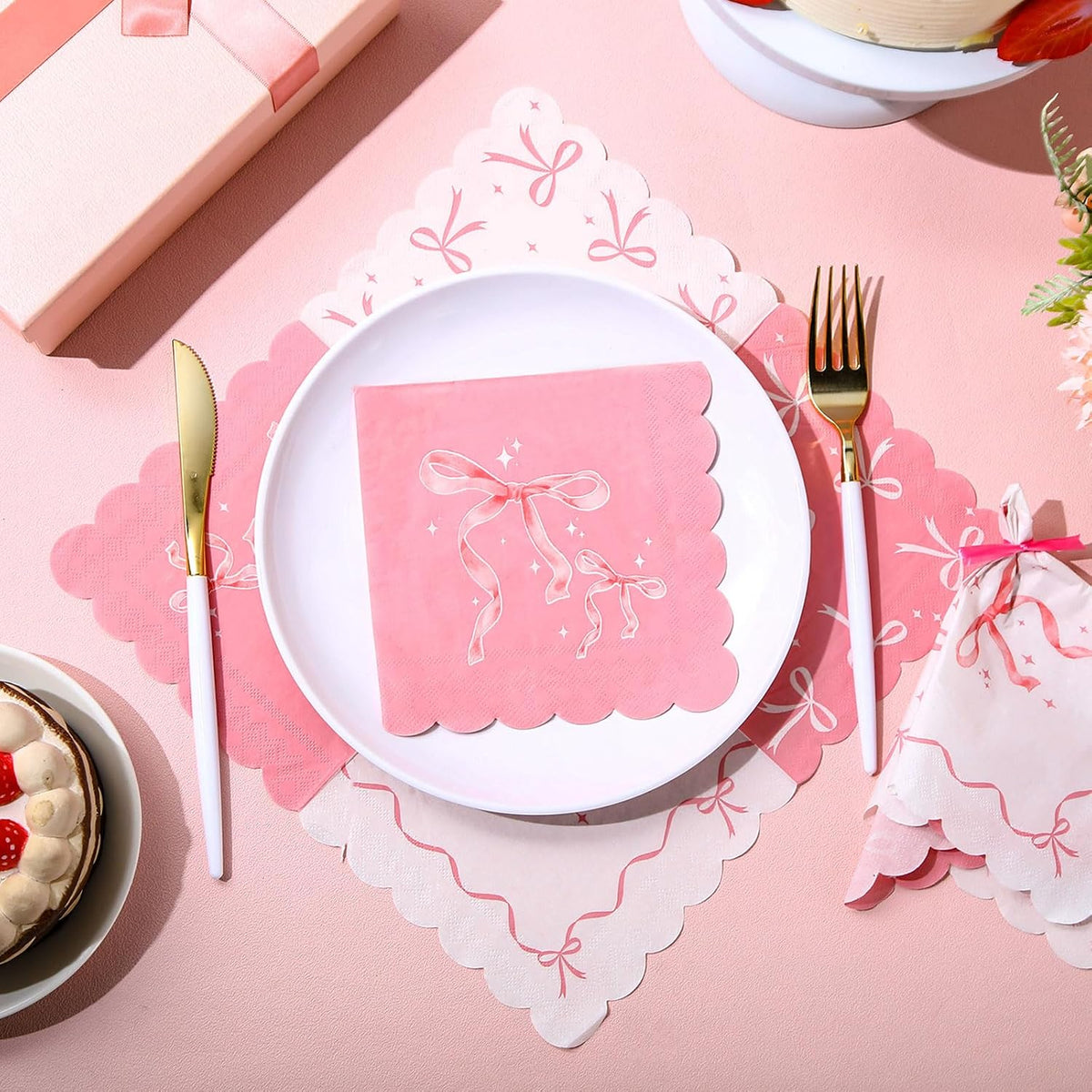 50 Pcs Bow Napkins Bachelorette Party Bow Theme Party Decorations Bridal Engagement Baby Shower Tableware Supplies Girls Birthday Paper Napkins Decor 5 x 5 Inches(Pink Bow)