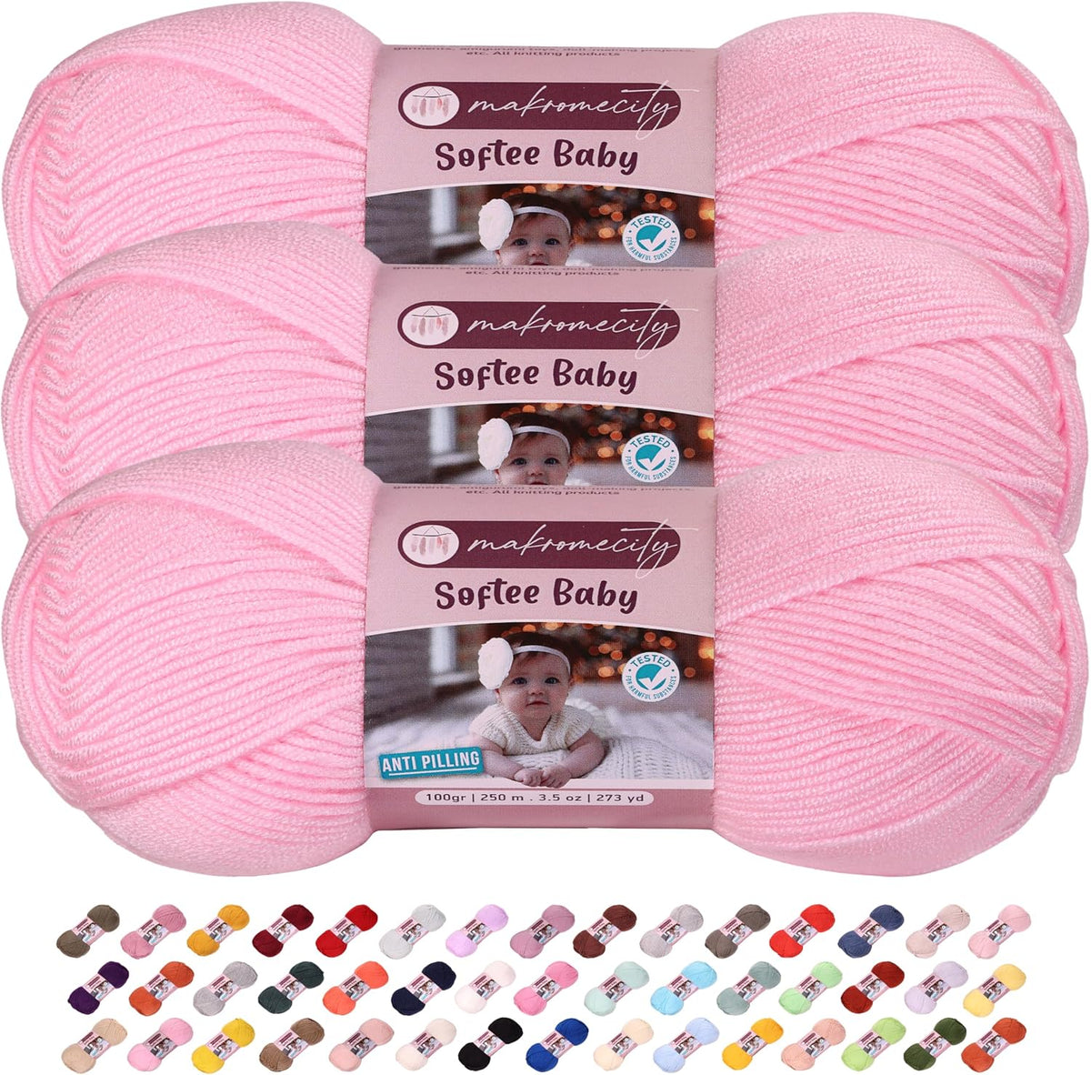 3 Skeins of Softee Baby Yarn,%100 Premium Anti-Pilling Acrylic, 3.5 Oz, 273 yd (100gr/250 mt) Each, Soft Yarn for Crocheting and Knitting (Baby Pink, 3 Skeins)