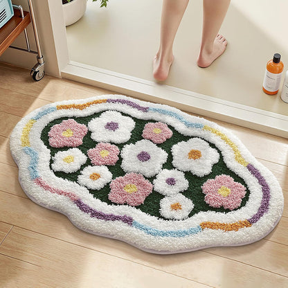 Flower Bathroom Rug, Irregular Shaped Floral Bath Mat, Colorful Spring Ultra-Thick Absorbent Mat, Machine Washable Shower Rug, Suitable for Bathroom, Balcony, Bedroom, 20 x 31 Inches (Pink)