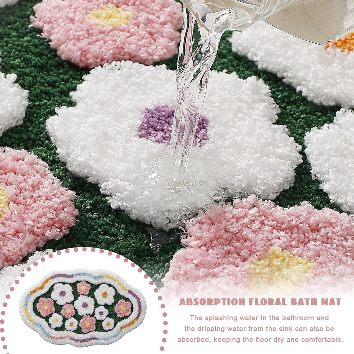 Flower Bathroom Rug, Irregular Shaped Floral Bath Mat, Colorful Spring Ultra-Thick Absorbent Mat, Machine Washable Shower Rug, Suitable for Bathroom, Balcony, Bedroom, 20 x 31 Inches (Pink)