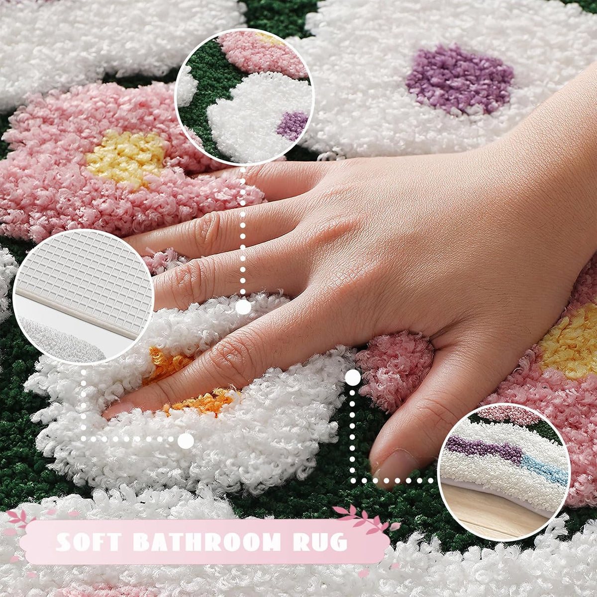 Flower Bathroom Rug, Irregular Shaped Floral Bath Mat, Colorful Spring Ultra-Thick Absorbent Mat, Machine Washable Shower Rug, Suitable for Bathroom, Balcony, Bedroom, 20 x 31 Inches (Pink)