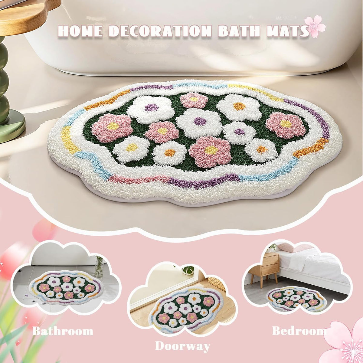 Flower Bathroom Rug, Irregular Shaped Floral Bath Mat, Colorful Spring Ultra-Thick Absorbent Mat, Machine Washable Shower Rug, Suitable for Bathroom, Balcony, Bedroom, 20 x 31 Inches (Pink)
