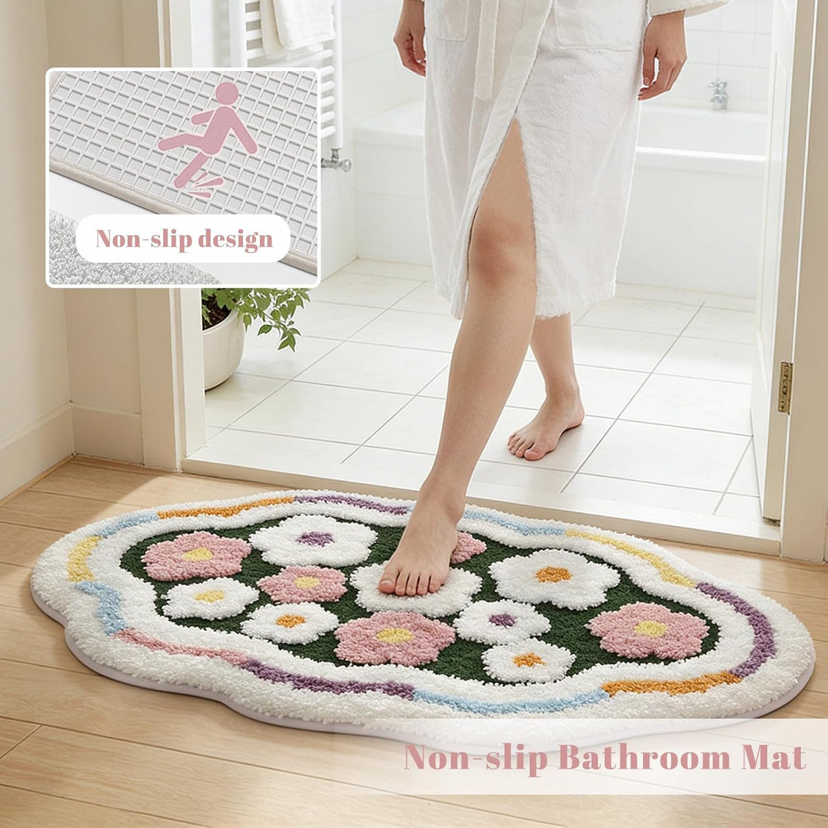 Flower Bathroom Rug, Irregular Shaped Floral Bath Mat, Colorful Spring Ultra-Thick Absorbent Mat, Machine Washable Shower Rug, Suitable for Bathroom, Balcony, Bedroom, 20 x 31 Inches (Pink)
