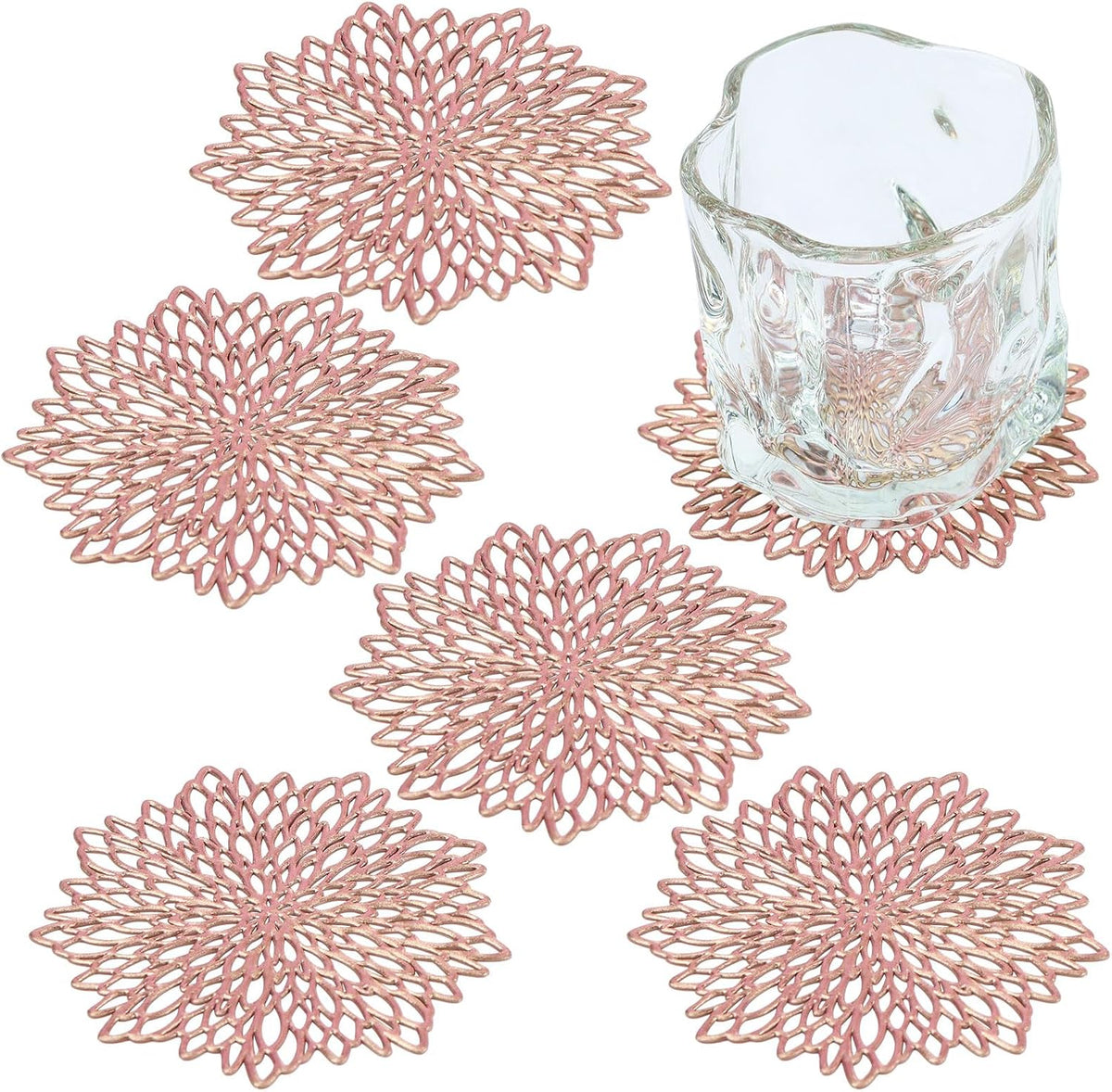 PVC Drink Coasters Set of 6 - Waterproof, Non-Slip, and Stain Resistant Table Mats for Mugs, Glasses, Barware (Rose Gold - Flower)