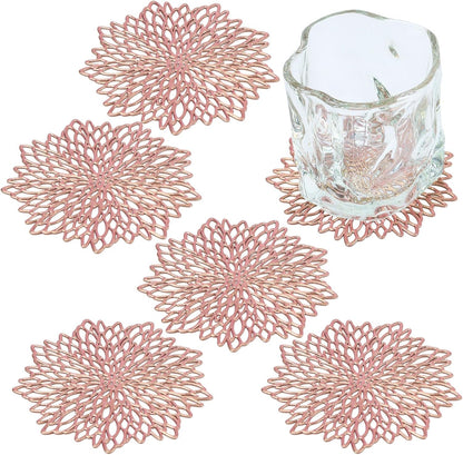 PVC Drink Coasters Set of 6 - Waterproof, Non-Slip, and Stain Resistant Table Mats for Mugs, Glasses, Barware (Rose Gold - Flower)