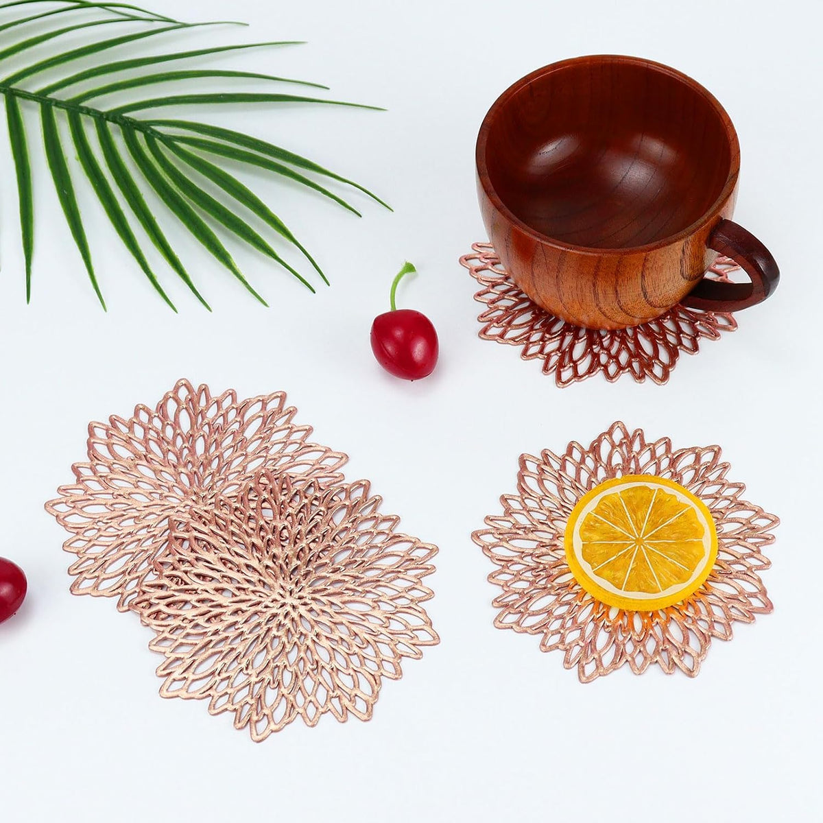 PVC Drink Coasters Set of 6 - Waterproof, Non-Slip, and Stain Resistant Table Mats for Mugs, Glasses, Barware (Rose Gold - Flower)