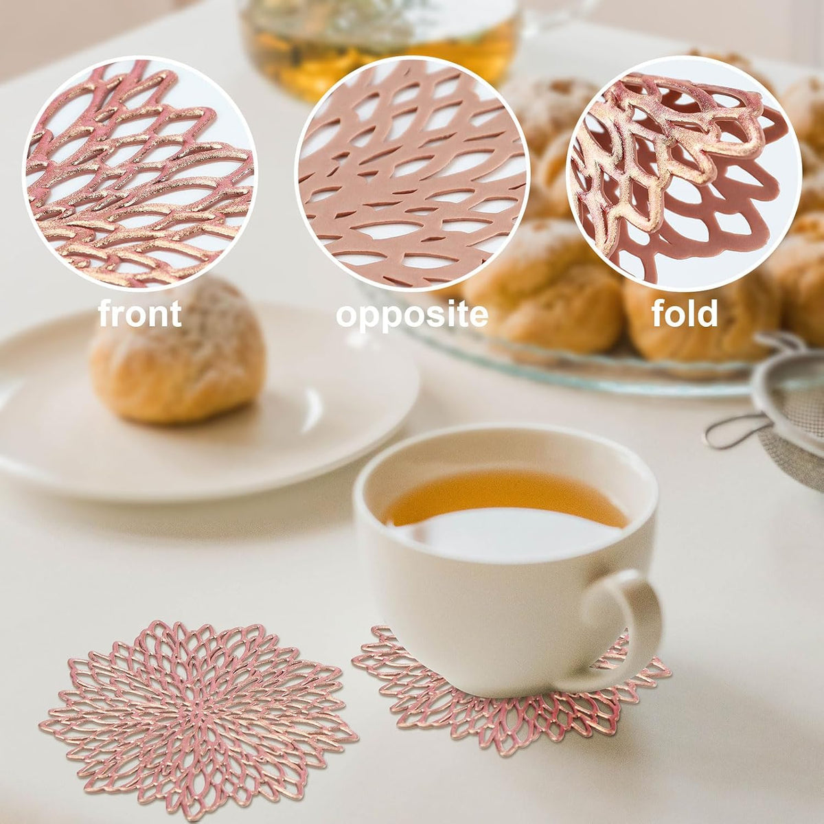 PVC Drink Coasters Set of 6 - Waterproof, Non-Slip, and Stain Resistant Table Mats for Mugs, Glasses, Barware (Rose Gold - Flower)