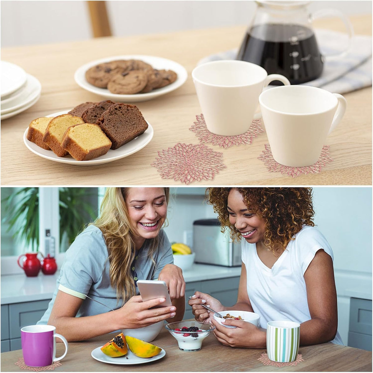 PVC Drink Coasters Set of 6 - Waterproof, Non-Slip, and Stain Resistant Table Mats for Mugs, Glasses, Barware (Rose Gold - Flower)