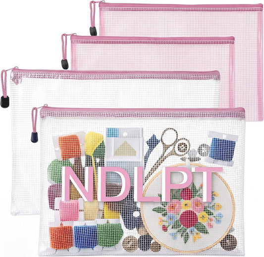 4 Pcs Needlepoint Project Bag Clear Mesh Zipper Organizer, Pink