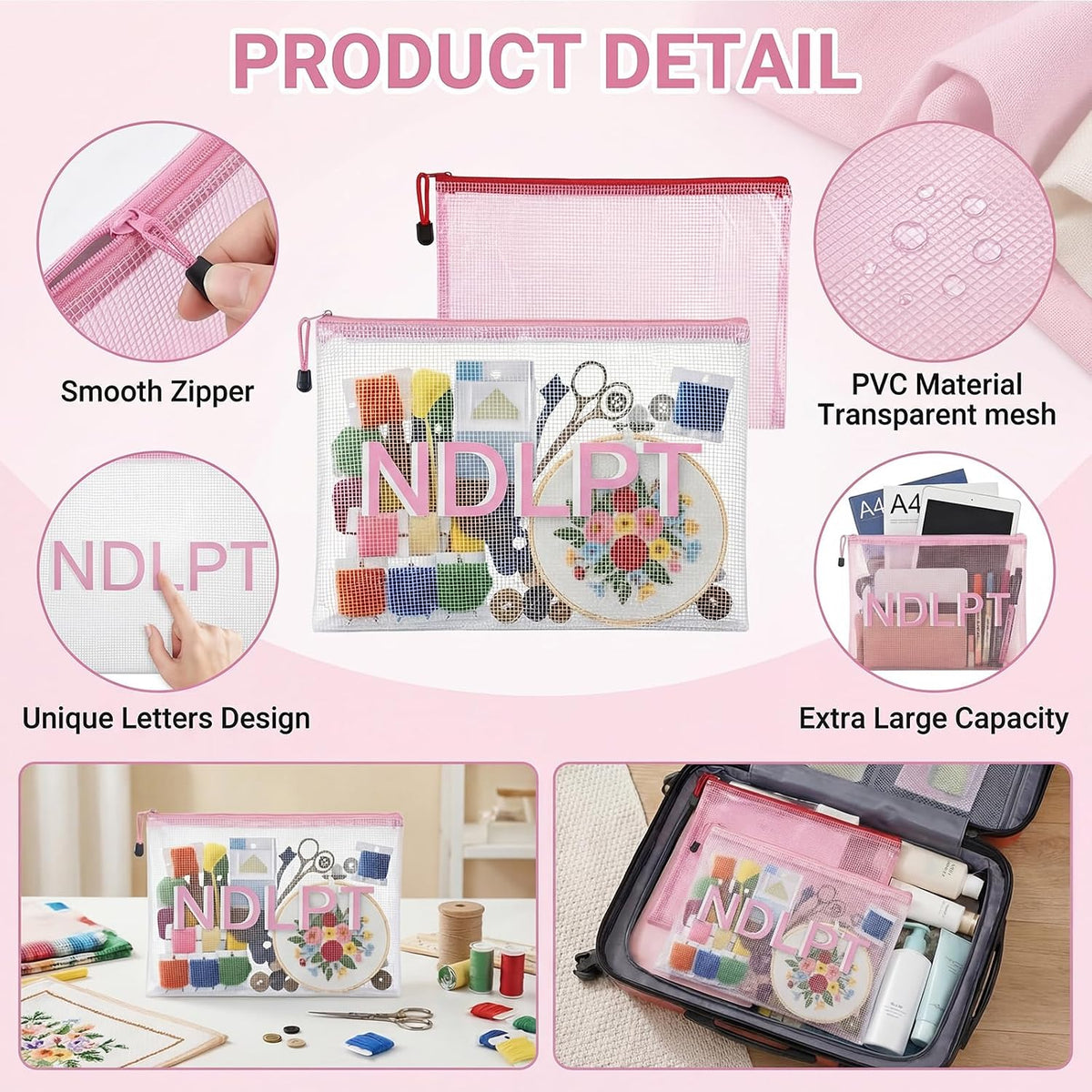 4 Pcs Needlepoint Project Bag Clear Mesh Zipper Organizer, Pink