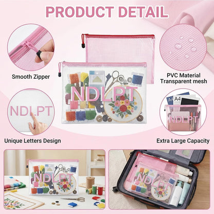 4 Pcs Needlepoint Project Bag Clear Mesh Zipper Organizer, Pink