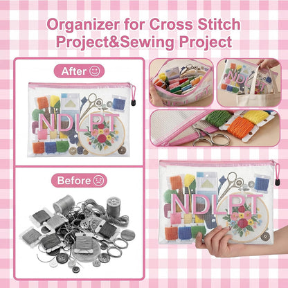 4 Pcs Needlepoint Project Bag Clear Mesh Zipper Organizer, Pink