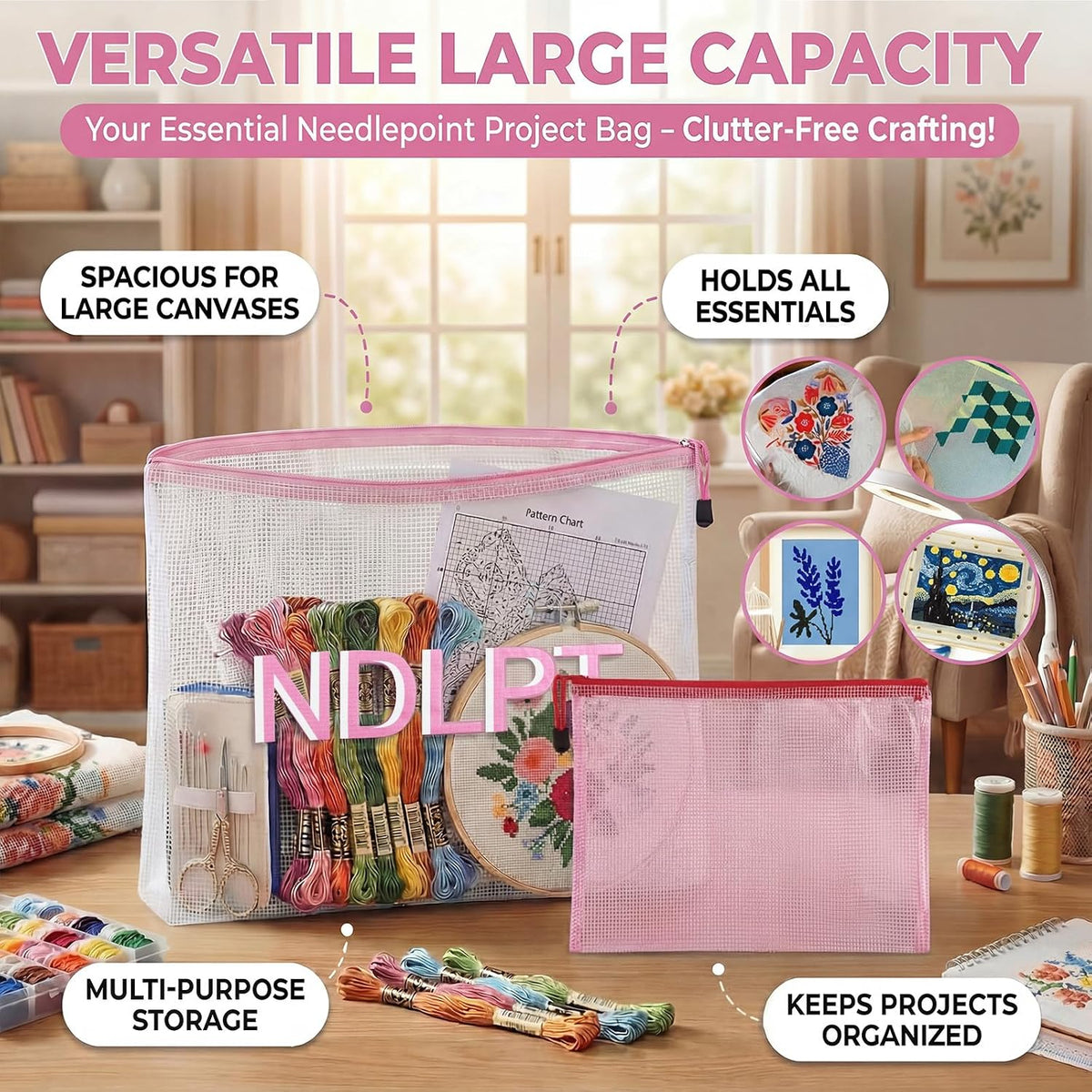 4 Pcs Needlepoint Project Bag Clear Mesh Zipper Organizer, Pink