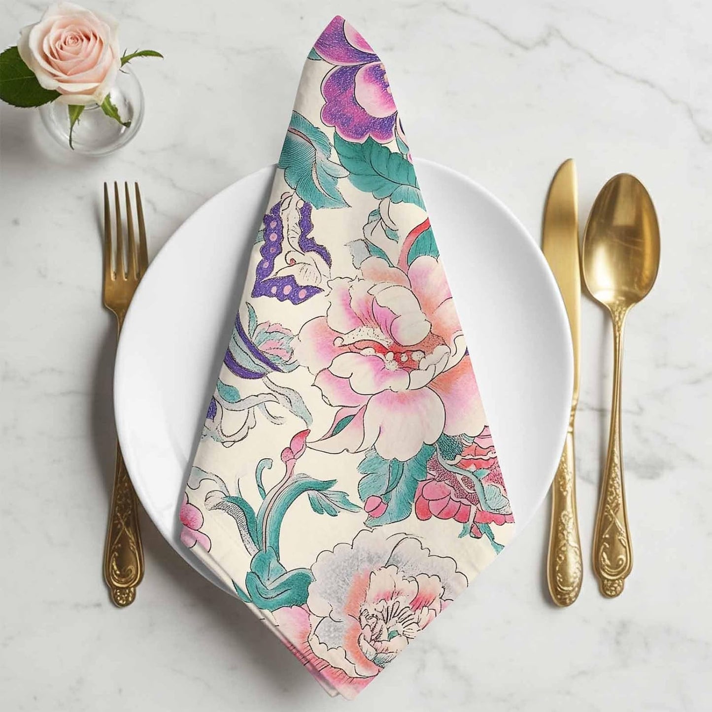 Retro Country Blossom Floral Cloth Napkins Set of 4 Ombre Purple Pink Flower Washable Linen Napkins Lunch Dinner Napkin Absorbent Reusable Western Napkins,20x20In